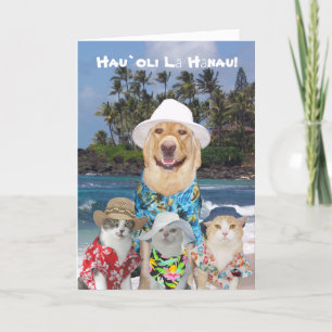  Hawaiiaans Geel Lab & Katten Birthda Kaart