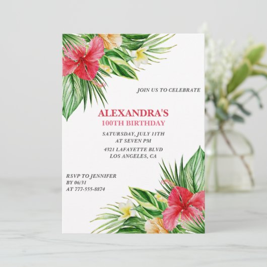 Hawaiiaans thema 100ste verjaardagsfeest Hibiscus Kaart (Staand voorkant)