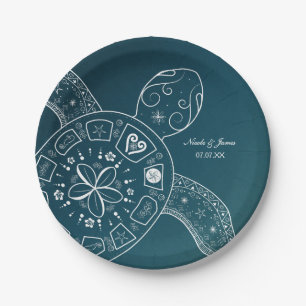 Hawaiiaans Zee Turtle White over Blauwgroen strand Papieren Bordje