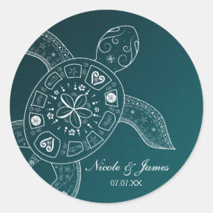 Hawaiiaans Zee Turtle White over Blauwgroen strand Ronde Sticker