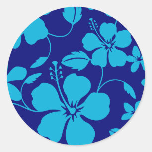 HAWAIIAANSE HULA (HIBISCUS) DONKER/LICHTBLAUW RONDE STICKER