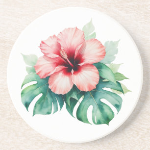 Hawaiiaanse rode hibiscus met Monstera Hawaii Love Zandsteen Onderzetter