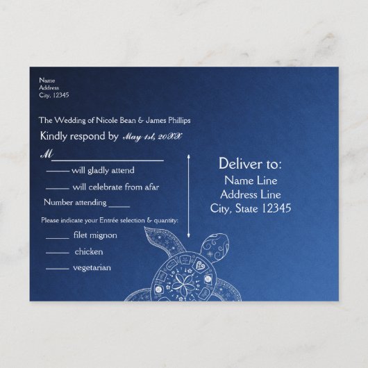 Hawaiiaanse zeeschildpad witte blauwe strandbruilo uitnodiging briefkaart (Achterkant)