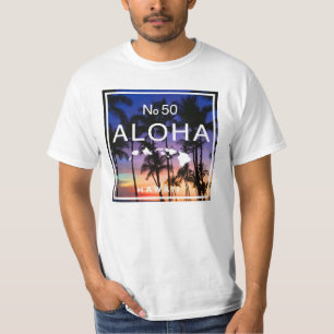 Hawaiiaanse zonsondergang vibes met palmbomen gloe t-shirt