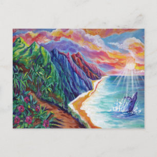 Hawaiian Bultrug Whale Breaching bij zonsondergang Briefkaart