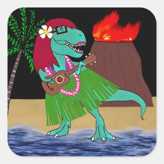 Hawaiian Dinosaur Ukulele Vierkante Sticker (Voorkant)