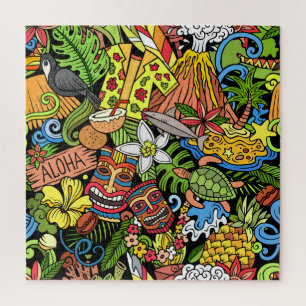 Hawaiian doodles: kleurrijke, naadloze cartoon pat legpuzzel