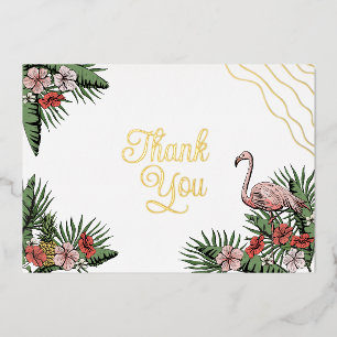 Hawaiian Flamingo & Hibiscus Gold Bedankt Folie Uitnodiging