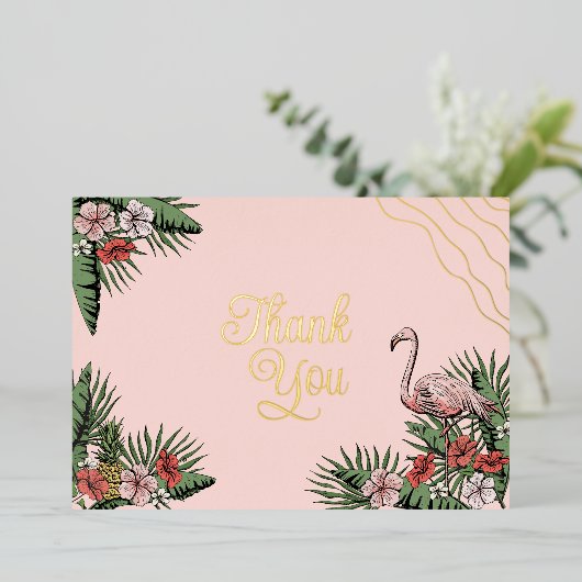 Hawaiian Flamingo & Hibiscus Roze & Goud Bedankt Folie Uitnodiging (Staand Voorkant)
