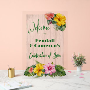 Hawaiian Flowers Wedding Welkom Acryl Bord