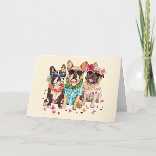 Hawaiian Franse Bulldogs Bloem Lei Kaart (Voorkant)