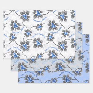 Hawaiian Holly Hanukkah Blue Floral Trio Inpakpapier Vel