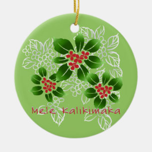 Hawaiian Holly Mele Kalikimaka Kerstrood Keramisch Ornament