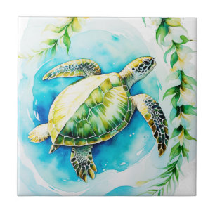 Hawaiian Honu met Plumeria & Maile Waterverf Tegeltje