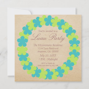 Hawaiian Lei Luau Party Invitation, Aqua and Green Kaart