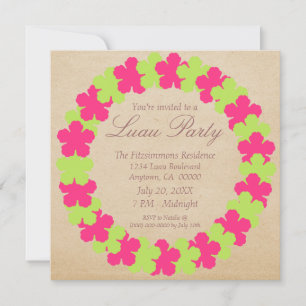 Hawaiian Lei Luau Party Invitation, Pink & Green Kaart
