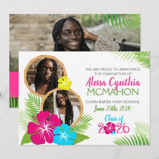 Hawaiian Luau Graduation 3 Faire-part photo (Devant / Derrière)