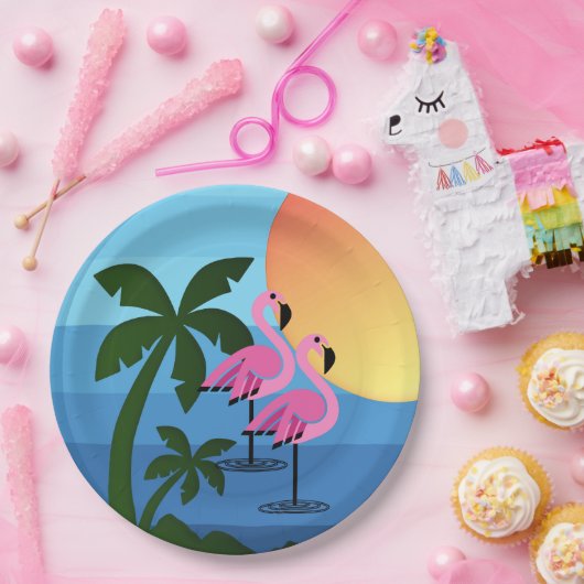 Hawaiian Luau Party Flamingo Palm Trees Papieren Bordje (Feest)