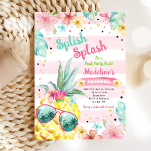 Hawaiian Luau Pineapple Pool Party Girl Birthday Kaart