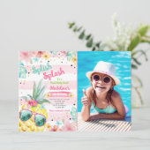 Hawaiian Luau Pineapple Pool Party Girl Birthday Kaart (Staand voorkant)