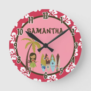 Hawaiian Luau Surf Board Tiki Personalized Clock Ronde Klok