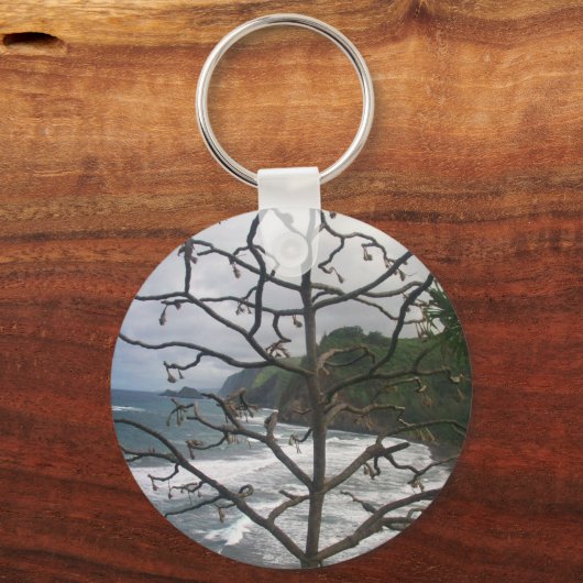 Hawaiian Ocean Beach Tree Foto Uitzicht Sleutelhanger (Achterkant)