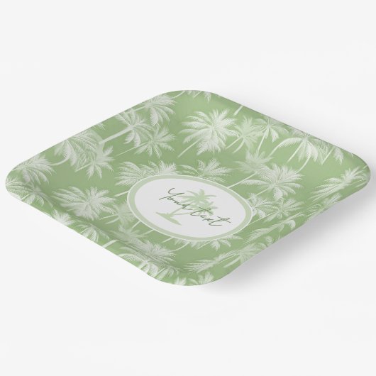Hawaiian Palm Tree Silhouette Patroon Groen ID1093 Papieren Bordje (Gebogen)