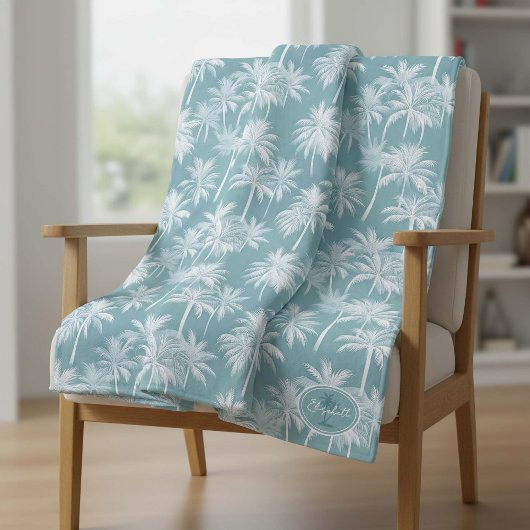 Hawaiian Palm Tree Silhouette Pattern Blauwgroen I Fleece Deken