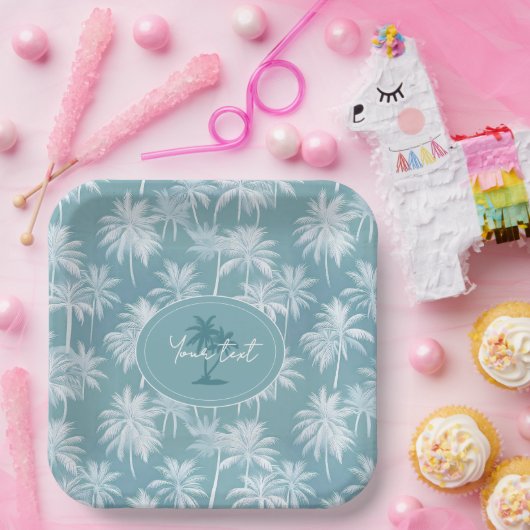 Hawaiian Palm Tree Silhouette Pattern Blauwgroen I Papieren Bordje (Feest)