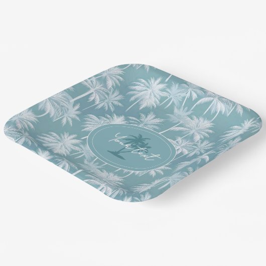 Hawaiian Palm Tree Silhouette Pattern Blauwgroen I Papieren Bordje (Gebogen)