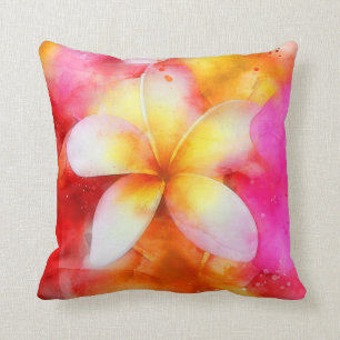 Hawaiian Plumeria in Neon Pink, Geel en Wit Kussen