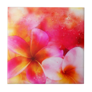 Hawaiian Plumeria in Neon Pink, Geel en Wit Tegeltje