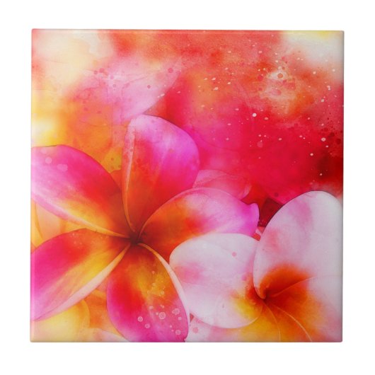 Hawaiian Plumeria in Neon Pink, Geel en Wit Tegeltje (Voorkant)