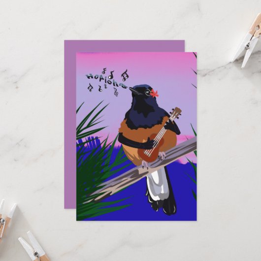 Hawaiian Shama Bird speelt ukulele Kaart (Voorkant / Achterkant in situ)