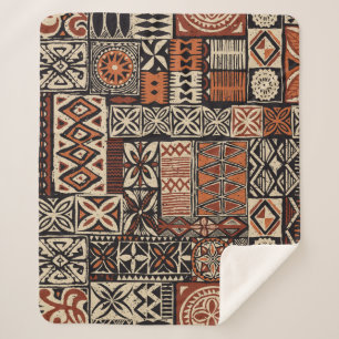 Hawaiian style tapa tribal fabric abstract patchwo sherpa deken
