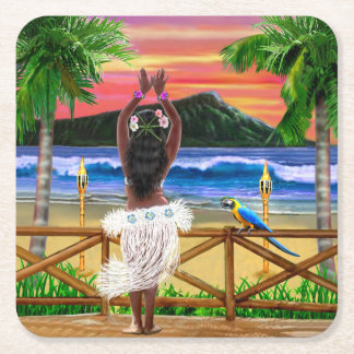 Hawaiian Sunset Hula Dancer Vierkante Kartonnen Onderzetter