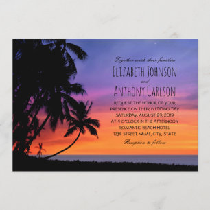 Hawaiian Sunset Palm Tree Beach Thed Wedding Kaart