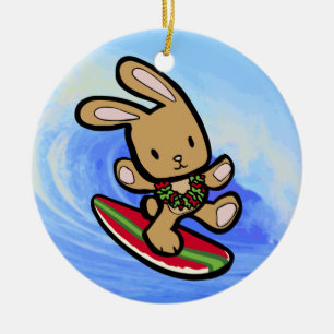 Hawaiian Surfing Bunny Holiday Cartoon Keramisch Ornament