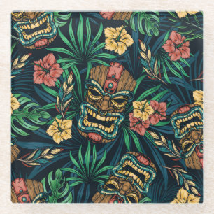 Hawaiian Tiki Masker Tropisch Patroon Glazen Onderzetter