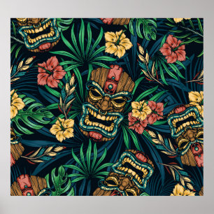 Hawaiian Tiki Masker Tropisch Patroon Poster