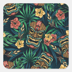 Hawaiian Tiki Masker Tropisch Patroon Vierkante Sticker