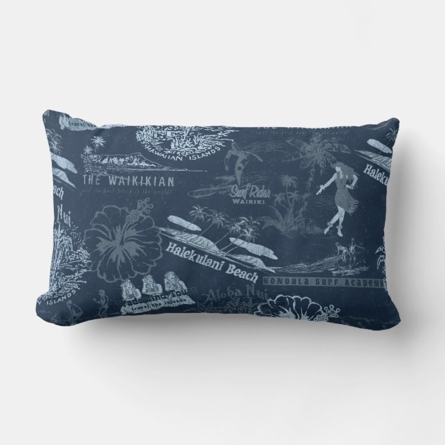  Hawaiian Travel Collage in Indigo Blue Buitenkussen (Voorkant)