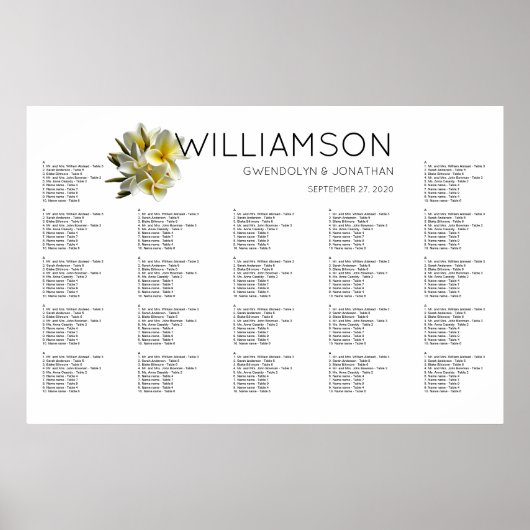 Hawaiian Yellow Plumeria Seating Chart Poster (Voorkant)