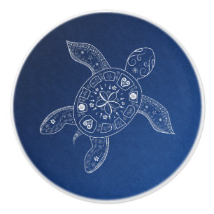 Hawaiische zeeschildpad Wit op Blauwe Strand Tropi Keramische Knop