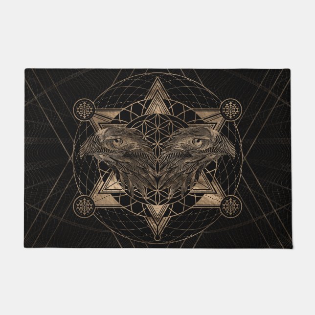 Hawk head in Sacred Geometry - Black en Gold Deurmat (Voorkant)