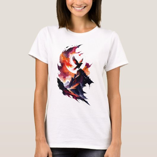 Hawk op Abstracte Waterverf Landschap T-shirt (Voorkant)