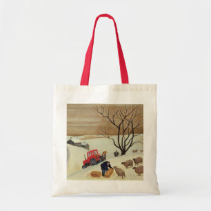 Hay naar de schapen brengen door tractor tote bag