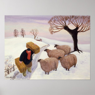 Hay vervoeren naar de schapen in de winter poster
