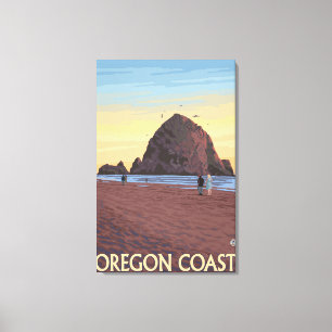 Haystack Rock Vintage Travel Poster Canvas Afdruk