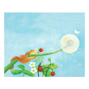 Hazel Dormouse, wilde aardbeien en dandelionpuff Foto Afdruk